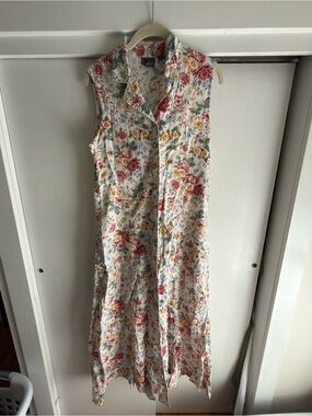 Vintage Floral Button-Front Maxi Dress - White with Red & Yellow Flowers